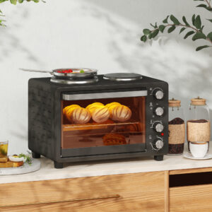 Miniovn 28 L 2600W Miniovn 100-230°C 60 min. Timer, med 2 varmeplader, bageplade og grillrist, pizzaovn med krummebakke, bagepladehåndtag, sort