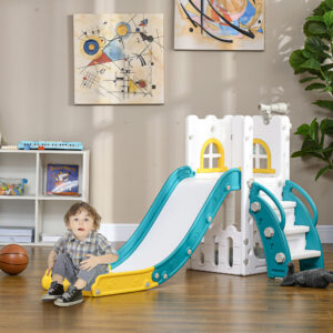 Børnerutsjebane, 4 i 1, Småbørnsrutsjebane med basketballkurv, Teleskopisk klatrestativrutsjebane med basketball til børn 1-3 år, Indendørs, Gul 70 x 177 x 92 cm