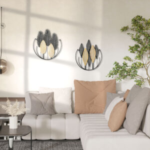 3D-vægbillede metal 2-sæt blade vægdekoration moderne til stue kunst sort og naturlig 40x46cm