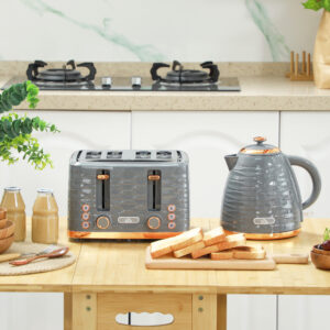 Morgenmadssæt Elkedel & Brødrister 1,5L Elkedel 4-Slice Brødrister 3000W 7 Bruningsniveauer Optøning & Genopvarmning Grå