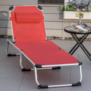 Solseng, havestol, 5-vejs justerbar, foldbar, ergonomisk med netstof, rød, 165 x 60 x 76 cm, til afslappende timer udendørs