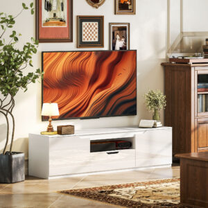 TV-skab lavt med 2 låger, skuffe, 160 cm langt TV-bord til TV op til 65 tommer, TV-bord med kabelstyring til stuen, hvid