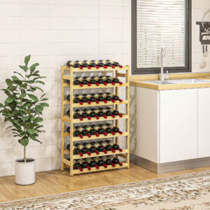 Vinreol 63 x 25 x 102 cm til 42 flasker med 7 niveauer, stående hylde og væltesikring lavet af træ i naturlig farve