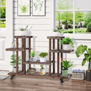 Blomsterstativ Plantehylde Fire-lags Massivt Forkullet Træ 123,5x33x80cm til Havealtan