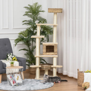 Rattan Kradsetræ, H174 cm, XXL Kradsetræ med Katteboks, Siddepinde, Kattehule, Sisal, Beige+Brun