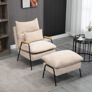 Lænestol med skammel, justerbar ryglæn, lænefunktion, hynde, lænestol, moderne polstret stol med fløjlslook til stue, lasteevne op til 180 kg, beige