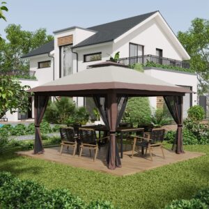 4x4m foldbar pavillon, højdejusterbar havepavillon med UV-beskyttelse og netgardiner, dobbelttag i beige til havefester