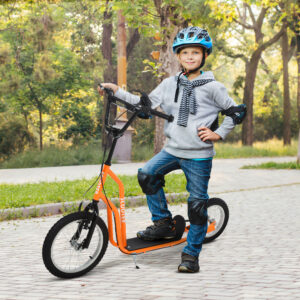 Børnescooter fra 5 år, City Scooter med luftgummidæk, 16 tommer foran og 12 tommer bagpå, Orange, 135 x 58 x 88-94 cm