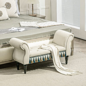 Polstret Soveværelsesbænk med Armlæn, Vintage Design i Velvet Look, Træben, Belastningsevne 150 kg, 117 x 40 x 58 cm, Beige