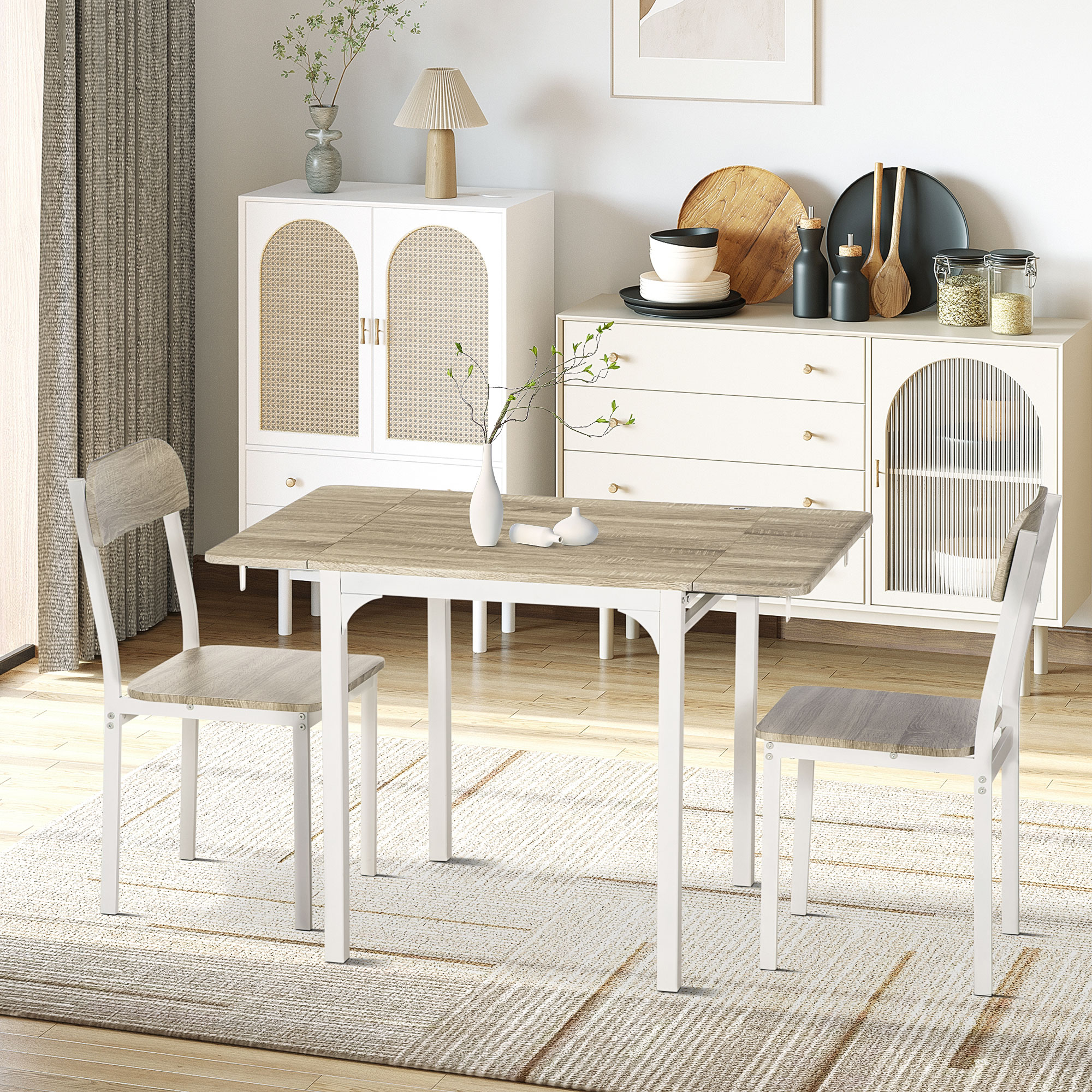 3-delt spisebordssæt med 2 stole og 1 bord, foldbar bordplade, 120 x 60 x 75 cm, stål, MDF, naturhvid, ideel til køkken og spisestue