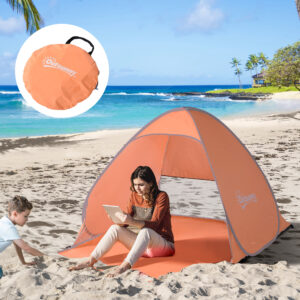Strandtelt pop-up automatisk UV-beskyttelse bagrude stor gulvtæppe orange