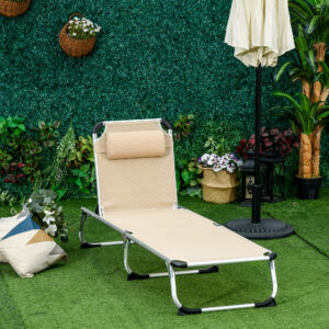 Havestol i aluminium, justerbar i 5 retninger, foldbar, ergonomisk, netstof, beige, 170x60x76cm til have og terrasse