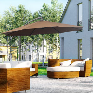 Fritstående parasol med håndsving, parasol Ø3x2,5m, stålstel og polyesterstof i kaffefarvet til have og terrasse