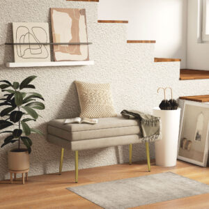 Fløjlsbetrukket opbevaringsbænk med stålben, skobænk, opbevaringsbænk til stue, soveværelse, beige, 79,5 x 37,5 x 43 cm