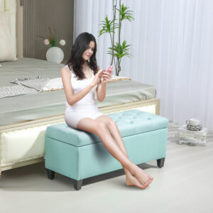 Polstret bænk med opbevaringsbænk til entre, soveværelse, stue, linnedlignende polyester, gummitræ, grøn 100 x 40 x 44 cm