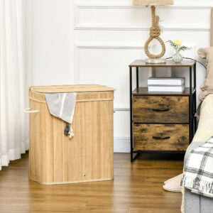 Bambus Vasketøjskurv med Låg og Håndtag, 90 Liter Kapacitet med 2 Sektioner og en Aftagelig Stofpose - 54,2 x 35,2 x 59,5 cm