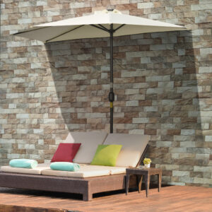Parasol 265x240 cm Halvparasol med LED, Halvcirkelformet Terrasseparasol med Håndsving og Solpanel, Metal, Beige
