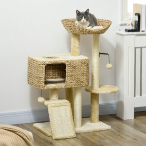 Kradsetræ til Katte 98 cm med 2 Hvileområder, Kradsetræ med Legebold til Katte op til 6 kg, Kattemøbler, Sisal, Beige