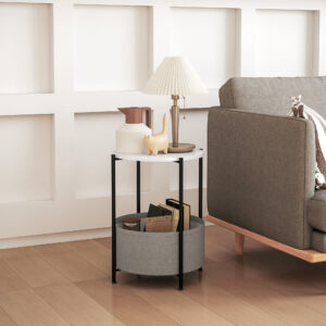 Sidebord, Sofabord med Stofkurv, Rundt Sofabord med Opbevaring, Til Stue, Soveværelse, 44 x 44 x 56 cm, Stål, Grå+Hvid