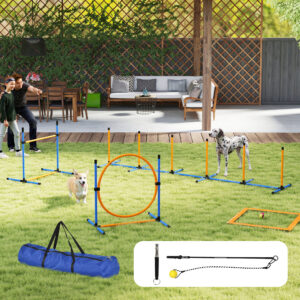 Agility-sæt til hunde, 9-delt agilityudstyr til hundetræning, plug-in hækkesæt med slalomstave, hoppekurv, 2 højdejusterbare bolde, hækkeløb, koordinationstræning til lege, træning