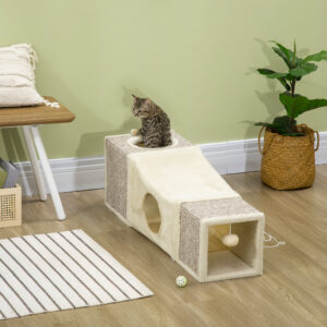 Kattetunnel med legebold, kattelegetøj, sisal legetunnel, brun+beige, 98x30x30 cm