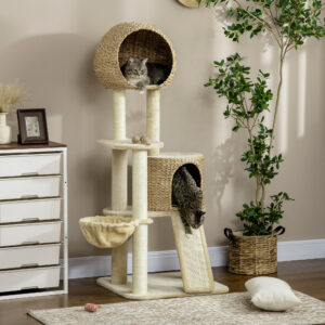 Kradsetræ med Rattan Kattehus, Flere Platforme, Hængekøje & Rampe, Anti-tippe, Plys, Beige, 60 x 60 x 150 cm