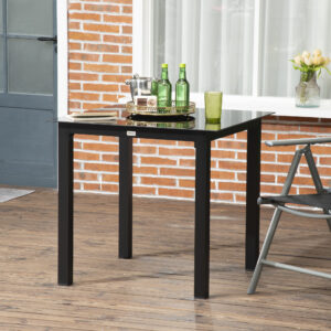 Firkantet havebord til 4 personer, terrassebord med hærdet glasplade, sort aluminium 80x80x74cm til have og altan