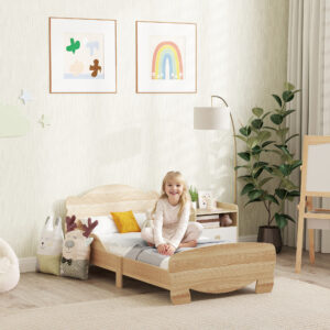 Børneseng 143,5 x 80 cm, husseng lavet af massivt træ, ungdomsseng med faldsikring, legeseng med en lasteevne på op til 80 kg, enkeltseng med bjørnedesign til børneværelse, naturtræ