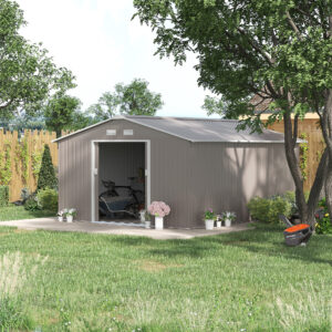 Redskabsskur 12,4 m², haveskur med luttag, skydedør, fundament, 340 x 386 x 200 cm, redskabsskur af galvaniseret stål, vejrbestandig, til haven, trækulsgrå