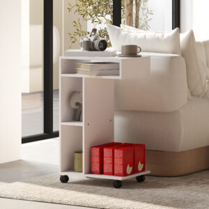 Sidebord Sofabord med hjul, Skrivebord med 4 hylder, Sofabord Laptopbord, Natbord, til Spisestue Stue, Hvid