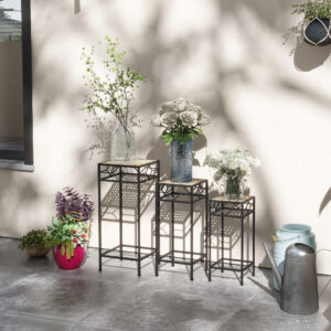 Plantestativ 3-delt Stabelbar blomsterskammel blomsterpotteholder med rattan-look til havebalkon metal guld