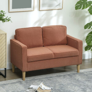 2-personers lille sofa med armlæn, opbevaringsplads, moderne polstret sofa med corduroy-look, træben, hynder, loungesofa til stue, soveværelse, 117 x 63 x 79 cm, pink