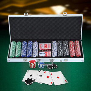 Pokerkasse Pokersæt 500 pokerchips 2 sæt kort 5 terninger i et aluminiumskasse 55,5 x 22 x 6,5 cm til pokeraftener og spilleaftener
