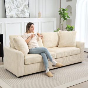 3-personers sofa, sofa med armlæn, pyntepuder, polstret sofa med snorbetræk, tykt polstret loungesofa op til 450 kg til stue, soveværelse 212 x 80 x 88 cm, cremehvid