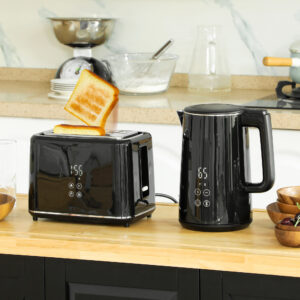 Kedel Toaster Sæt 1,5L Kedel 2 Skiver Ristet Brød 2200W Morgenmadssæt med 7 Bruningsniveauer, Optønings- og Genopvarmningsfunktion, Automatisk Slukning og Krummebakke, Sort