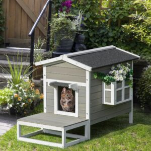Kattehus med Terrasse og Balkon til Katte og Hunde, Grantræ Grå og Hvid, 115 x 66,5 x 74,7 cm