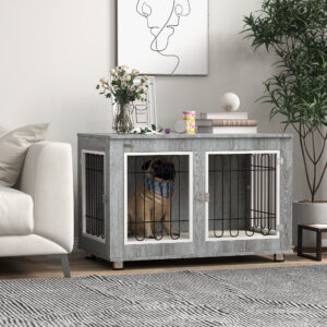 Hundebur, Hundehus, Kæledyrsbur med Hynde, 2 Låse til Mellemstore Hunde, Hundebur med Dobbeltdøre, Hundehus, Grå, 90 x 58 x 65 cm