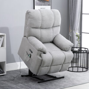 Massagestol med ståstøtte, Lænestol med varmefunktion, justerbar vinkel, USB-fjernbetjening, kort plys, grå, 83 x 95 x 105 cm