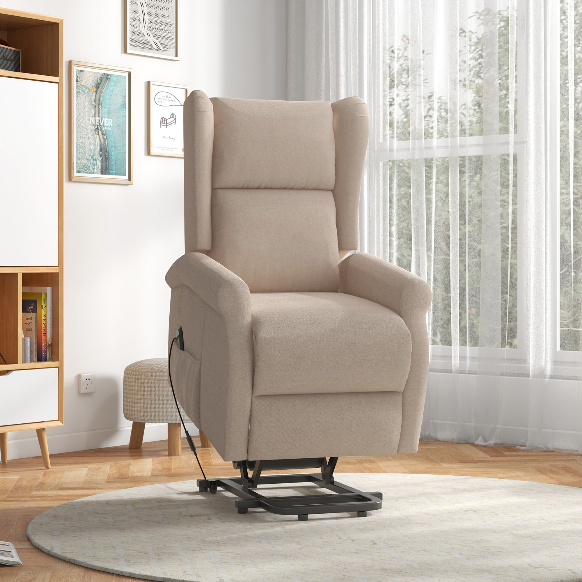 Elektrisk lænestol, Seniorlænestol med ståstøtte, op til 200 kg, 72,5 x 94 x 109 cm, Creme