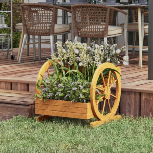 Blomsterkasse med vognhjul 61 x 62 x 57 cm vejrbestandig vandafvisende 3 niveauer med drænhuller lavet af fyrretræ teak