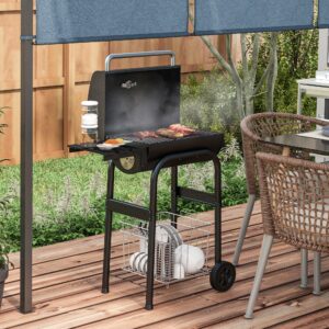 Kulgrillvogn med låg, hylder, hjul, termometer, skorsten, rustfrit stål sort til grill og grillfester