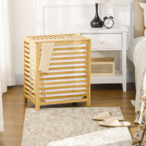Vasketøjskurv 55L Bambus Vasketøjskasse med Låg og Aftagelig Vasketøjspose til Soveværelse og Badeværelse 50x36x60cm Naturlig