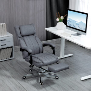 Kontorstol med 5 massagetilstande, ergonomisk skrivebordsstol med lænefunktion, højdejusterbar fodstøtte, linnedlook, grå