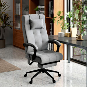 Kontorstol med massagefunktion, ergonomisk, højdejusterbar, med lændevarme, fodstøtte, nakkestøtte, polyester, grå, 66x76x112-120cm