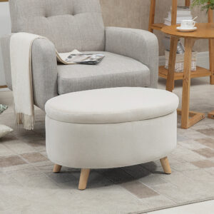 Opbevaringsbænk, Oval Polstret Bænk med Låg, Sengebænk i Fløjlslook til Entre, Soveværelse, Stue, Træben, 71 x 51,5 x 42 cm, Beige