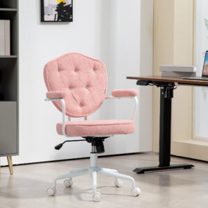 Kontorstol, Ergonomisk Skrivebordsstol med Vippefunktion, Knapbetræk, Højdejusterbar Computerstol med Drejefunktion, til Hjemmekontor, Teddybjørn Fleece, Pink