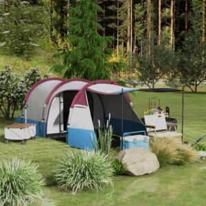 Campingtelt, Tunneltelt til 3 personer, med lyskroge, markise, 2 rum, vindtæt familietelt med bæretaske, 2000 mm vandafvisende pop-up-telt til camping, have, rød