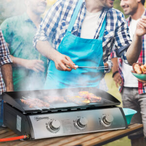 Gasgrill 10000BTU/2,5 KW Gasgrill inklusive 3 brændere i rustfrit stål, trykreducer, gasslange, havegrill til altan, campinggrill 63 x 48 x 21 cm