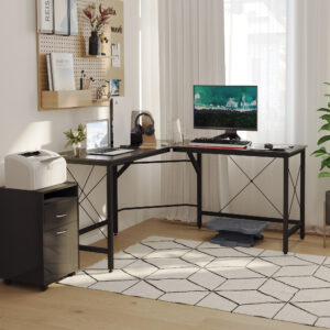 L-formet computerbord 150x150x76cm MDF sort, moderne hjørnebord til kontor og hjemmekontor