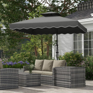 Parasol 243x243cm Balkonparasol med UV-beskyttelse, Fritstående Parasol med Dobbelt Baldakin & Krydsfod, Flæser, 4 Støtter, Mørkegrå